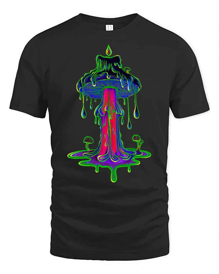 Trippy Melting Mushroom Graphic Tee for Dreamers - 1 Trippy Melting Mushroom Graphic Tee for Dreamers - black t-shirt on white background