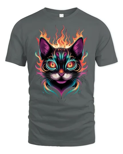 Neon Fire Cat Graphic Tee for Cool Cat Lovers - gray t-shirt on white background