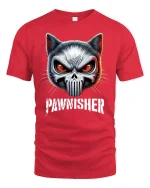 The Pawnisher Cat Skull Graphic Tee for Rebels - red t-shirt on white background