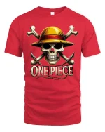 Pirate Skull Straw Hat Graphic Tee for Adventurers - red t-shirt on white background
