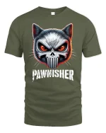 The Pawnisher Cat Skull Graphic Tee for Rebels - military green t-shirt on white background