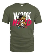 Work Hard Bear Graphic Tee for Hustle Lovers - military green t-shirt on white background