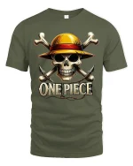 Pirate Skull Straw Hat Graphic Tee for Adventurers - military green t-shirt on white background