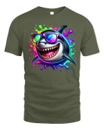 Cool Shark Graphic Tee with Neon Splash Vibes - military green t-shirt on white background