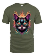Neon Fire Cat Graphic Tee for Cool Cat Lovers - military green t-shirt on white background