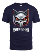 The Pawnisher Cat Skull Graphic Tee for Rebels - navy t-shirt on white background