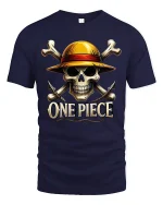 Pirate Skull Straw Hat Graphic Tee for Adventurers - navy t-shirt on white background
