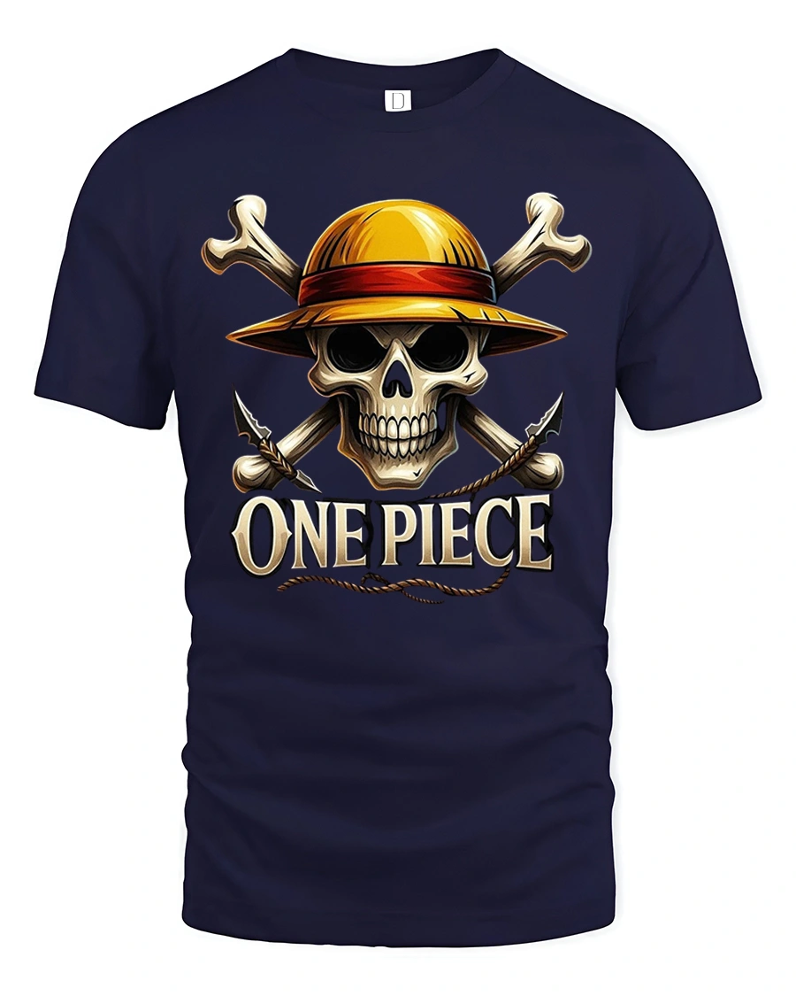 Pirate Skull Straw Hat Graphic Tee for Adventurers - 1 Pirate Skull Straw Hat Graphic Tee for Adventurers - navy t-shirt on white background
