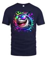 Cool Shark Graphic Tee with Neon Splash Vibes - navy t-shirt on white background