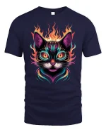 Neon Fire Cat Graphic Tee for Cool Cat Lovers - navy t-shirt on white background