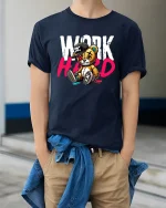 Work Hard Bear Graphic Tee for Hustle Lovers - model wearing navy tee with hands in pockets
