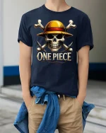 Pirate Skull Straw Hat Graphic Tee for Adventurers - model wearing navy tee with hands in pockets