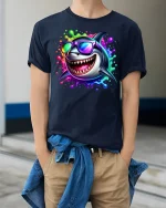Cool Shark Graphic Tee with Neon Splash Vibes - model wearing navy tee with hands in pockets