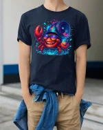 Party Crab Graphic Tee with Summer Beach Vibes - model wearing navy tee with hands in pockets