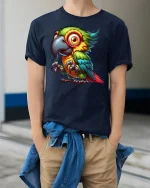 Colorful Parrot Graphic Tee for Tropical Vibes - model wearing navy tee with hands in pockets