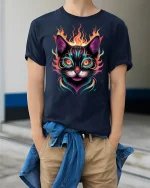 Neon Fire Cat Graphic Tee for Cool Cat Lovers - model wearing navy tee with hands in pockets