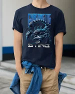 Cybernetic Sting Scorpion Graphic Tee for Men - model wearing navy tee with hands in pockets