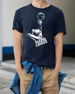 Hang Loose Earth Moon Graphic Tee for Chill Vibes - model wearing navy tee with hands in pockets