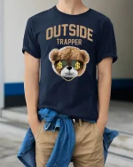 Outside Trapper Bear Graphic Tee for Street Style - model wearing navy tee with hands in pockets