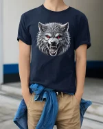 Fierce Wolf Head Graphic Tee for Alpha Vibes - model wearing navy tee with hands in pockets