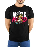 Work Hard Bear Graphic Tee for Hustle Lovers - model wearing black tee with hands behind back