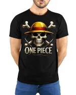 Pirate Skull Straw Hat Graphic Tee for Adventurers - model wearing black tee with hands behind back