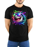 Cool Shark Graphic Tee with Neon Splash Vibes - model wearing black tee with hands behind back