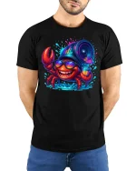Party Crab Graphic Tee with Summer Beach Vibes - model wearing black tee with hands behind back