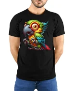 Colorful Parrot Graphic Tee for Tropical Vibes - model wearing black tee with hands behind back