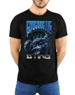 Cybernetic Sting Scorpion Graphic Tee for Men - model wearing black tee with hands behind back