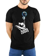 Hang Loose Earth Moon Graphic Tee for Chill Vibes - model wearing black tee with hands behind back