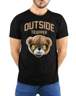 Outside Trapper Bear Graphic Tee for Street Style - model wearing black tee with hands behind back