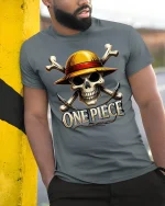 Pirate Skull Straw Hat Graphic Tee for Adventurers - model wearing grey tee, leaning on column