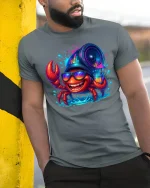 Party Crab Graphic Tee with Summer Beach Vibes - model wearing grey tee, leaning on column