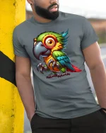 Colorful Parrot Graphic Tee for Tropical Vibes - model wearing grey tee, leaning on column