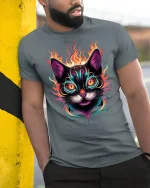 Neon Fire Cat Graphic Tee for Cool Cat Lovers - model wearing grey tee, leaning on column