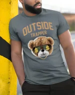 Outside Trapper Bear Graphic Tee for Street Style - model wearing grey tee, leaning on column