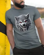 Fierce Wolf Head Graphic Tee for Alpha Vibes - model wearing grey tee, leaning on column