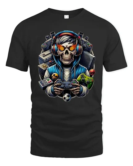 Gamer Skull T-Shirt Cool Gaming Tee - black t-shirt on white background