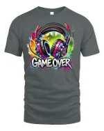 Game Over Headphones T-Shirt - gray t-shirt on white background