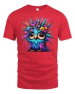 Colorful Owl T-Shirt Funny Cute Bird Tee - red t-shirt on white background