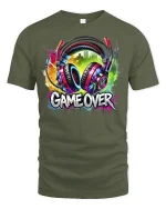 Game Over Headphones T-Shirt - military green t-shirt on white background