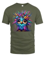 Colorful Owl T-Shirt Funny Cute Bird Tee - military green t-shirt on white background