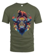 Colorful Buffalo and Bear T-Shirt - military green t-shirt on white background