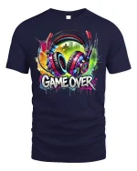 Game Over Headphones T-Shirt - navy t-shirt on white background