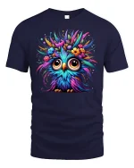 Colorful Owl T-Shirt Funny Cute Bird Tee - navy t-shirt on white background