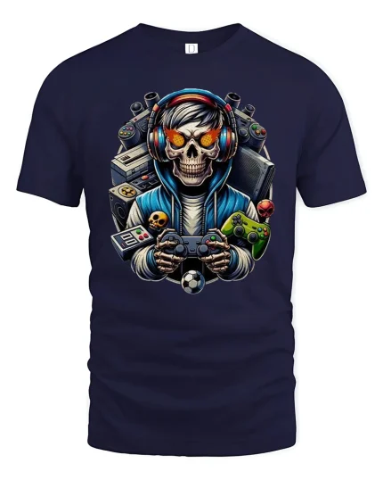 Gamer Skull T-Shirt Cool Gaming Tee - navy t-shirt on white background