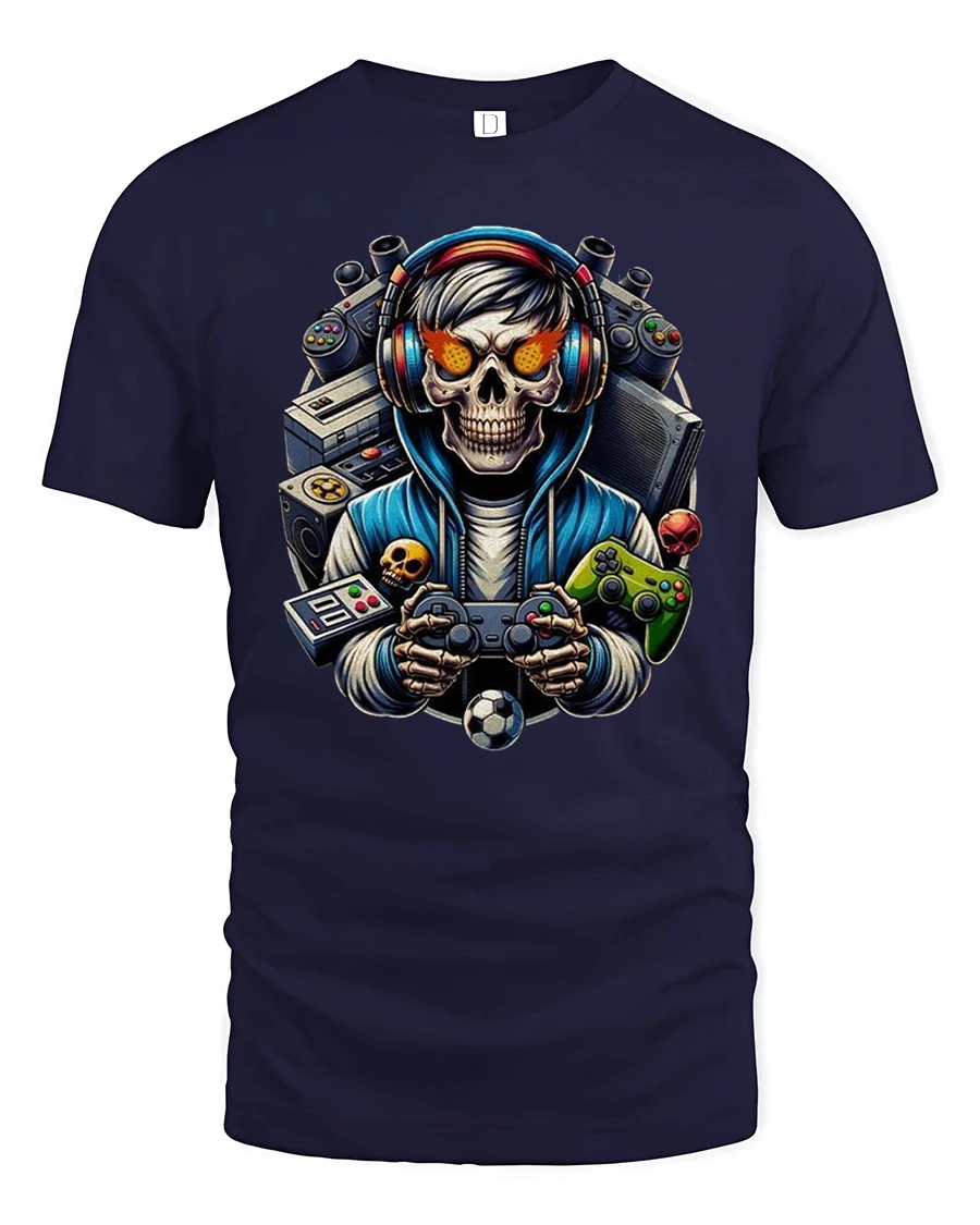 Gamer Skull T-Shirt Cool Gaming Tee - 1 Gamer Skull T-Shirt Cool Gaming Tee - navy t-shirt on white background