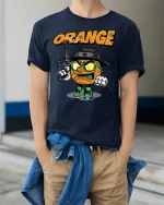 Gangster Orange T-Shirt Funny Cool Fruit Tee - model wearing navy tee with hands in pockets