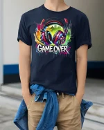 Game Over Headphones T-Shirt - model wearing navy tee with hands in pockets